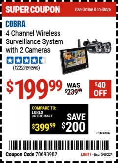 Harbor Freight Coupon 4 CHANNEL WIRELESS SURVEILLANCE SYSTEM WITH 2 CAMERAS Lot No. 63842 Expired: 5/8/22 - $199.99