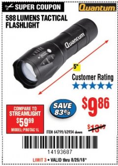 Harbor Freight Coupon 588 LUMEN TACTICAL FLASHLIGHT Lot No. 64799/63934 Expired: 8/26/18 - $9.86