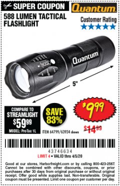 Harbor Freight Coupon 588 LUMEN TACTICAL FLASHLIGHT Lot No. 64799/63934 Expired: 6/30/20 - $9.99