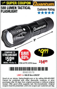 Harbor Freight Coupon 588 LUMEN TACTICAL FLASHLIGHT Lot No. 64799/63934 Expired: 6/30/20 - $9.99