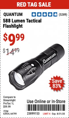 Harbor Freight Coupon 588 LUMEN TACTICAL FLASHLIGHT Lot No. 64799/63934 Expired: 8/31/20 - $9.99