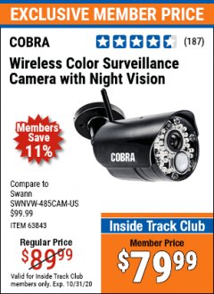 Harbor Freight ITC Coupon WIRELESS COLOR SURVEILLANCE CAMERA Lot No. 63843 Expired: 10/31/20 - $79.99