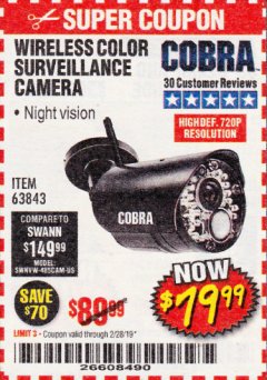 Harbor Freight Coupon WIRELESS COLOR SURVEILLANCE CAMERA Lot No. 63843 Expired: 2/28/19 - $79.99