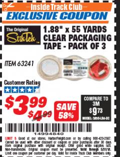 Harbor Freight ITC Coupon 1.88" X 55 YARD CLEAR PACKAGING TAPE PACK OF 3 Lot No. 63241 Expired: 5/31/18 - $3.99