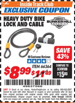 Harbor Freight ITC Coupon HEAVY DUTY BIKE LOCK AND CABLE  Lot No. 66364 Expired: 1/31/19 - $8.99