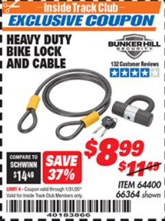 Harbor Freight ITC Coupon HEAVY DUTY BIKE LOCK AND CABLE  Lot No. 66364 Expired: 1/31/20 - $8.99