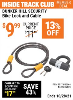 Harbor Freight ITC Coupon HEAVY DUTY BIKE LOCK AND CABLE  Lot No. 66364 Expired: 10/28/21 - $9.99
