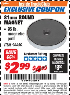 Harbor Freight ITC Coupon 81 MM ROUND MAGNET Lot No. 96650 Expired: 10/31/18 - $2.99