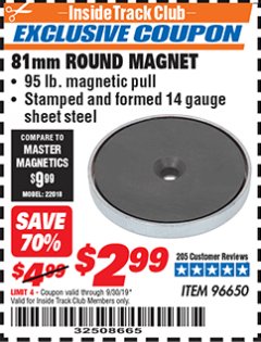 Harbor Freight ITC Coupon 81 MM ROUND MAGNET Lot No. 96650 Expired: 8/30/19 - $2.99