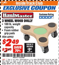 Harbor Freight ITC Coupon 3 WHEEL WOOD DOLLY Lot No. 68902 Expired: 8/31/18 - $2.49