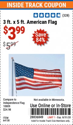 Harbor Freight Coupon 3 FT. X 5 FT. AMERICAN FLAG  Lot No. 64130 Expired: 8/31/20 - $3.99
