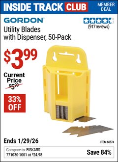 Harbor Freight ITC Coupon GORDON UTILITY BLADES WITH DISPENSER, 50-PACK Lot No. 60574 Valid Thru: 1/29/26 - $3.99