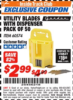 Harbor Freight ITC Coupon UTILITY BLADES WITH DISPENSER PACK OF 50 Lot No. 60574 Expired: 8/31/18 - $2.99