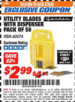 Harbor Freight ITC Coupon GORDON UTILITY BLADES WITH DISPENSER, 50-PACK Lot No. 60574 Expired: 8/31/18 - $2.99