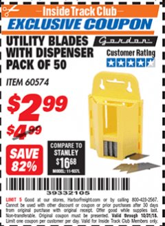 Harbor Freight ITC Coupon GORDON UTILITY BLADES WITH DISPENSER, 50-PACK Lot No. 60574 Expired: 10/31/18 - $2.99