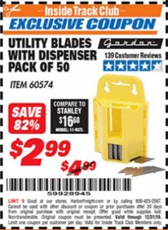 Harbor Freight ITC Coupon UTILITY BLADES WITH DISPENSER PACK OF 50 Lot No. 60574 Expired: 12/31/18 - $2.99