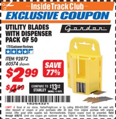 Harbor Freight ITC Coupon UTILITY BLADES WITH DISPENSER PACK OF 50 Lot No. 60574 Expired: 4/30/19 - $2.99