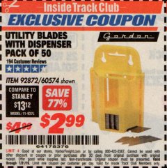 Harbor Freight ITC Coupon UTILITY BLADES WITH DISPENSER PACK OF 50 Lot No. 60574 Expired: 7/31/19 - $2.99