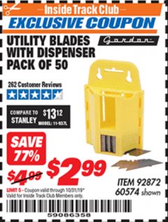 Harbor Freight ITC Coupon UTILITY BLADES WITH DISPENSER PACK OF 50 Lot No. 60574 Expired: 10/31/19 - $2.99