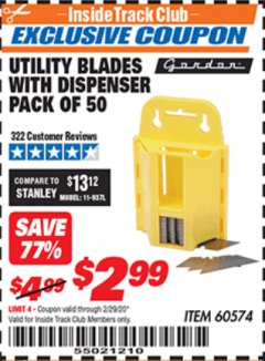 Harbor Freight ITC Coupon UTILITY BLADES WITH DISPENSER PACK OF 50 Lot No. 60574 Expired: 2/29/20 - $2.99