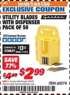 Harbor Freight ITC Coupon UTILITY BLADES WITH DISPENSER PACK OF 50 Lot No. 60574 Expired: 4/30/20 - $2.99