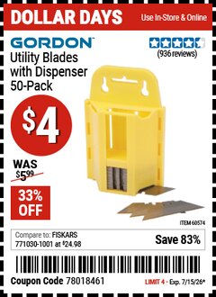 Harbor Freight Coupon GORDON UTILITY BLADES WITH DISPENSER, 50-PACK Lot No. 60574 Valid Thru: 7/15/26 - $4