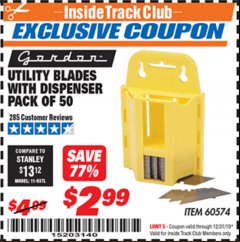 Harbor Freight Coupon GORDON UTILITY BLADES WITH DISPENSER, 50-PACK Lot No. 60574 Expired: 12/31/19 - $2.99