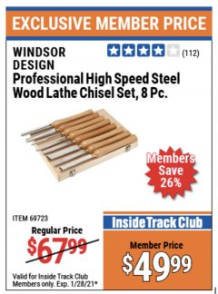 Harbor Freight ITC Coupon 8 PIECE PROFESSIONAL HIGH SPEED STEEL WOOD LATHE CHISEL SET Lot No. 69723 Expired: 1/28/21 - $49.99