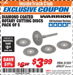 Harbor Freight ITC Coupon 5 PIECE DIAMOND COATED ROTARY CUTTING DISCS Lot No. 69657 Expired: 3/31/20 - $3.99