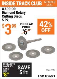 Harbor Freight ITC Coupon 5 PIECE DIAMOND COATED ROTARY CUTTING DISCS Lot No. 69657 Expired: 8/26/21 - $3.99