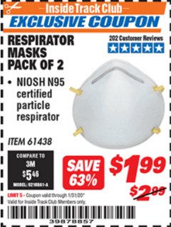 Harbor Freight ITC Coupon RESPIRATOR MASKS PACK OF 2 Lot No. 61438 Expired: 1/31/20 - $1.99