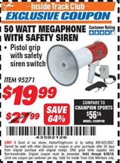 Harbor Freight ITC Coupon 50 WATT MEGAPHONE WITH SAFETY SIREN Lot No. 95271 Expired: 6/30/18 - $19.99