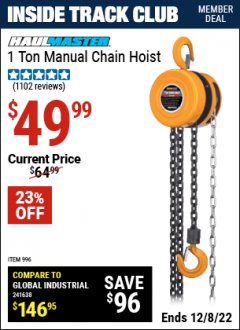 Harbor Freight ITC Coupon 1 TON CHAIN HOIST Lot No. 69338/996 Expired: 12/8/22 - $49.99