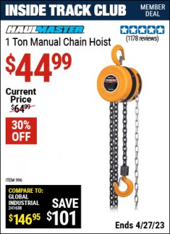 Harbor Freight ITC Coupon 1 TON CHAIN HOIST Lot No. 69338/996 Expired: 4/27/23 - $44.99