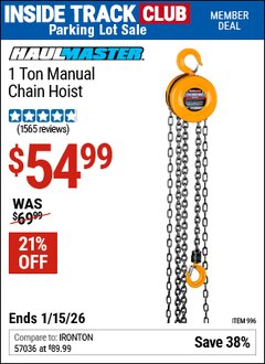 Harbor Freight ITC Coupon HAUL-MASTER 1 TON MANUAL CHAIN HOIST Lot No. 996 Expired: 1/15/26 - $54.99