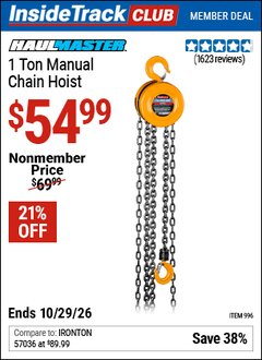 Harbor Freight ITC Coupon HAUL-MASTER 1 TON MANUAL CHAIN HOIST Lot No. 996 Valid Thru: 10/29/26 - $54.99