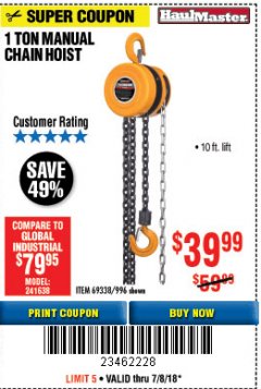 Harbor Freight Coupon 1 TON CHAIN HOIST Lot No. 69338/996 Expired: 7/8/18 - $39.99
