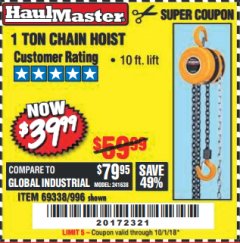 Harbor Freight Coupon 1 TON CHAIN HOIST Lot No. 69338/996 Expired: 10/1/18 - $39.99