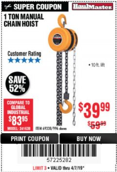 Harbor Freight Coupon 1 TON CHAIN HOIST Lot No. 69338/996 Expired: 4/7/19 - $39.99