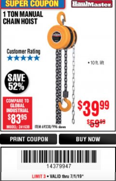 Harbor Freight Coupon 1 TON CHAIN HOIST Lot No. 69338/996 Expired: 7/1/19 - $39.99
