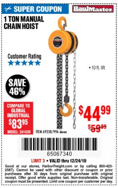 Harbor Freight Coupon 1 TON CHAIN HOIST Lot No. 69338/996 Expired: 12/24/19 - $44.99
