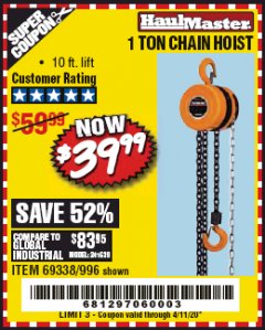 Harbor Freight Coupon 1 TON CHAIN HOIST Lot No. 69338/996 Expired: 6/30/20 - $39.99