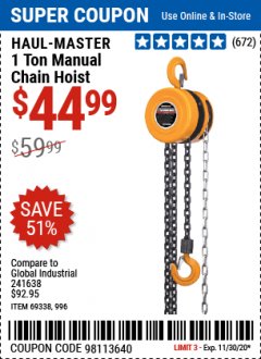 Harbor Freight Coupon 1 TON CHAIN HOIST Lot No. 69338/996 Expired: 11/30/20 - $44.99