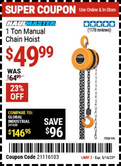 Harbor Freight Coupon 1 TON CHAIN HOIST Lot No. 69338/996 Expired: 5/14/23 - $49.99