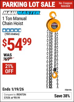 Harbor Freight Coupon HAUL-MASTER 1 TON MANUAL CHAIN HOIST Lot No. 996 Expired: 12/31/69 - $54.99