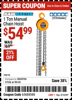 Harbor Freight Coupon HAUL-MASTER 1 TON MANUAL CHAIN HOIST Lot No. 996 Expired: 5/10/26 - $54.99