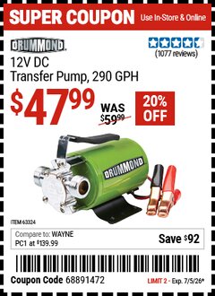 Harbor Freight Coupon DRUMMOND 12V DC TRANSFER PUMP, 290 GPH Lot No. 63324 EXPIRES: 7/5/26 - $47.99