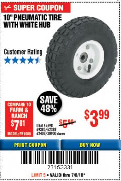 Harbor Freight Coupon 10" PNEUMATIC TIRE WITH STEEL HUB Lot No. 40729 Expired: 7/18/18 - $3.99