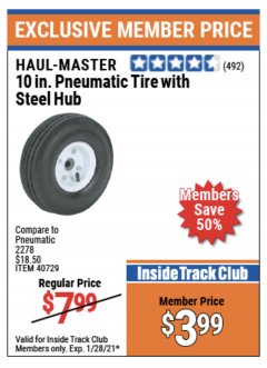Harbor Freight ITC Coupon 10" PNEUMATIC TIRE WITH STEEL HUB Lot No. 40729 Expired: 1/28/21 - $3.99