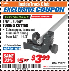 Harbor Freight ITC Coupon PITTSBURGH 1/8 IN. Lot No. 92878 Expired: 11/30/19 - $3.99